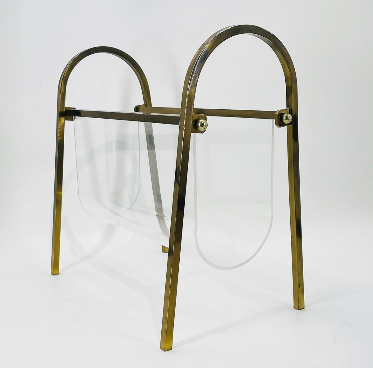 Hand-Crafted Brass & Lucite Magazine Holder by Charles Hollis Jones, USA 1960's Signed For Sale