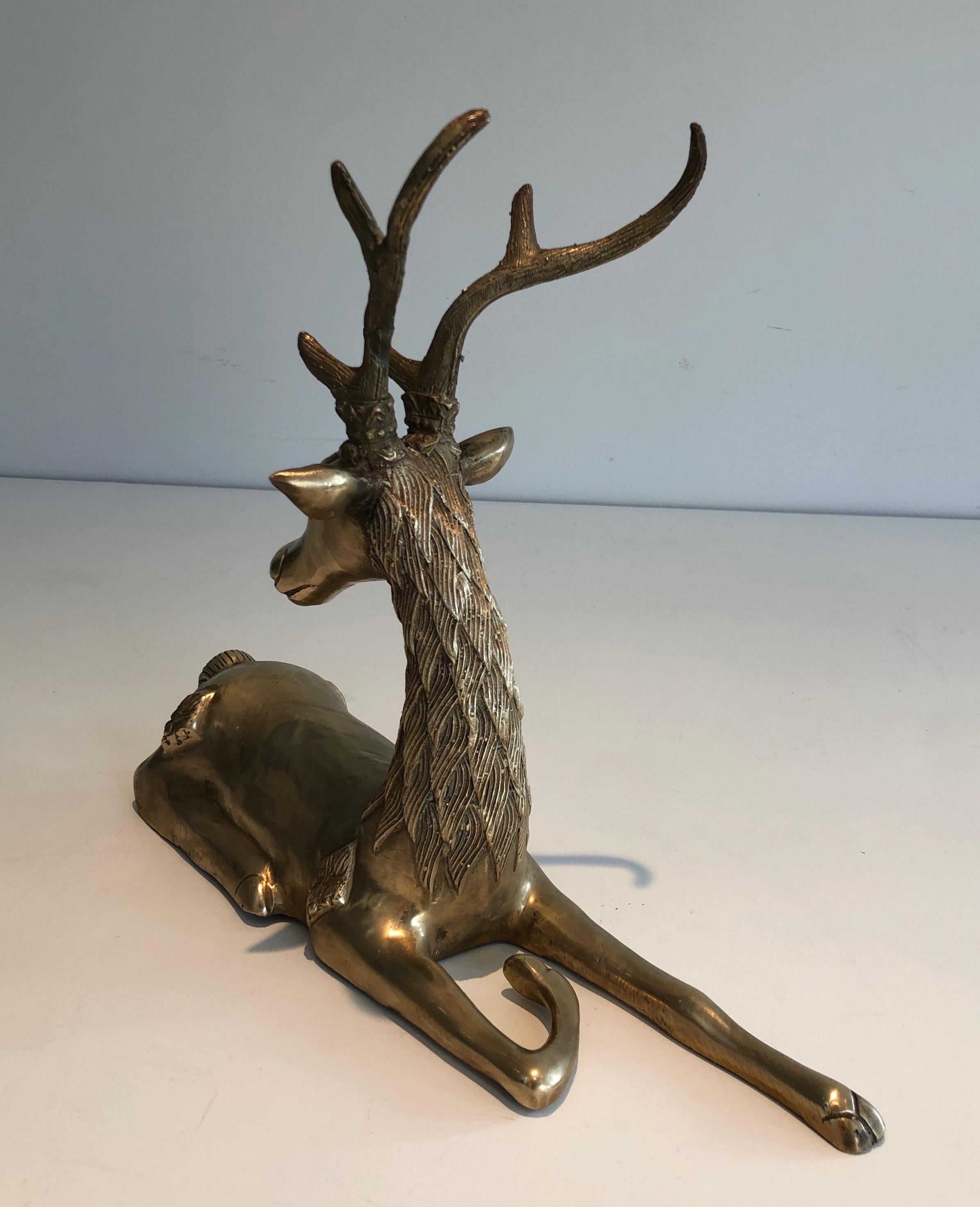 Brass Lying Deer with Shamanic Inlays For Sale 1