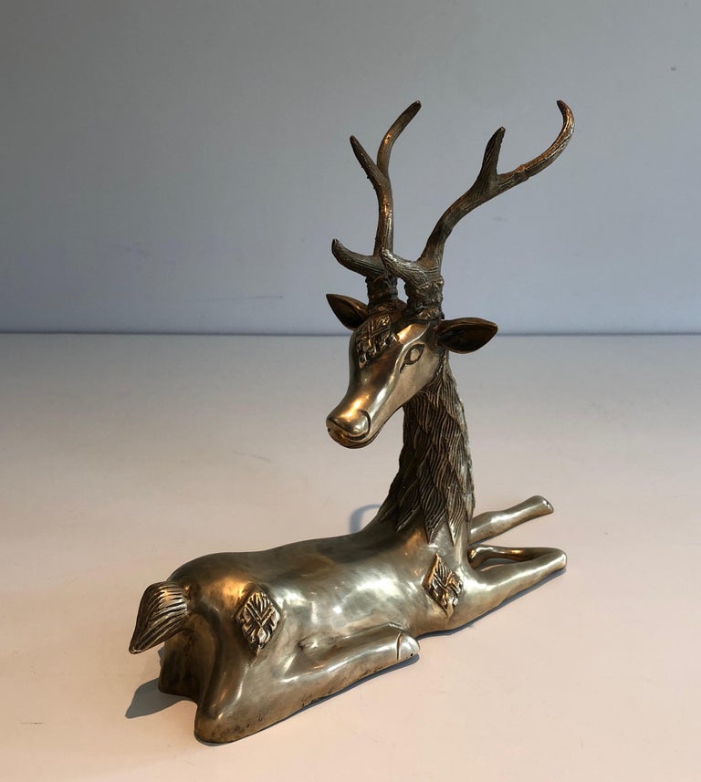 Mid-Century Modern Brass Lying Deer with Shamanic Inlays For Sale