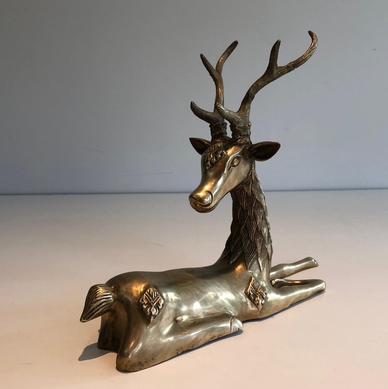French Brass Lying Deer with Shamanic Inlays For Sale