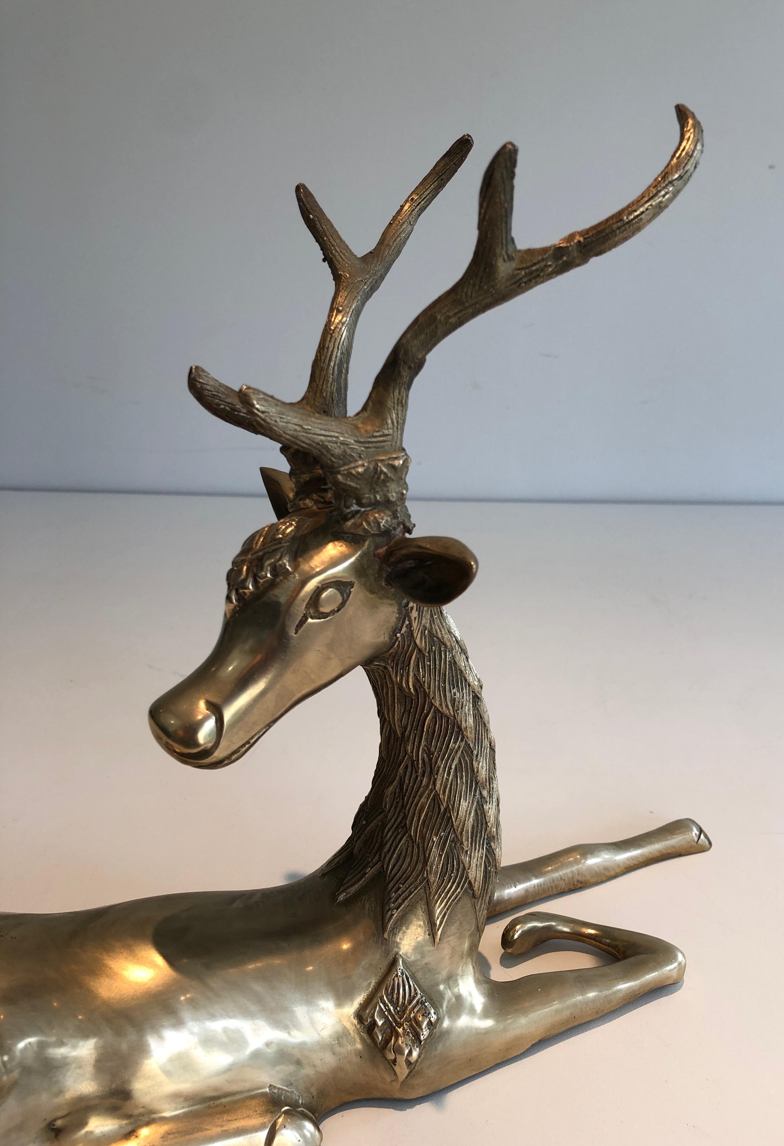 Mid-Century Modern Brass Lying Deer with Shamanic Inlays For Sale