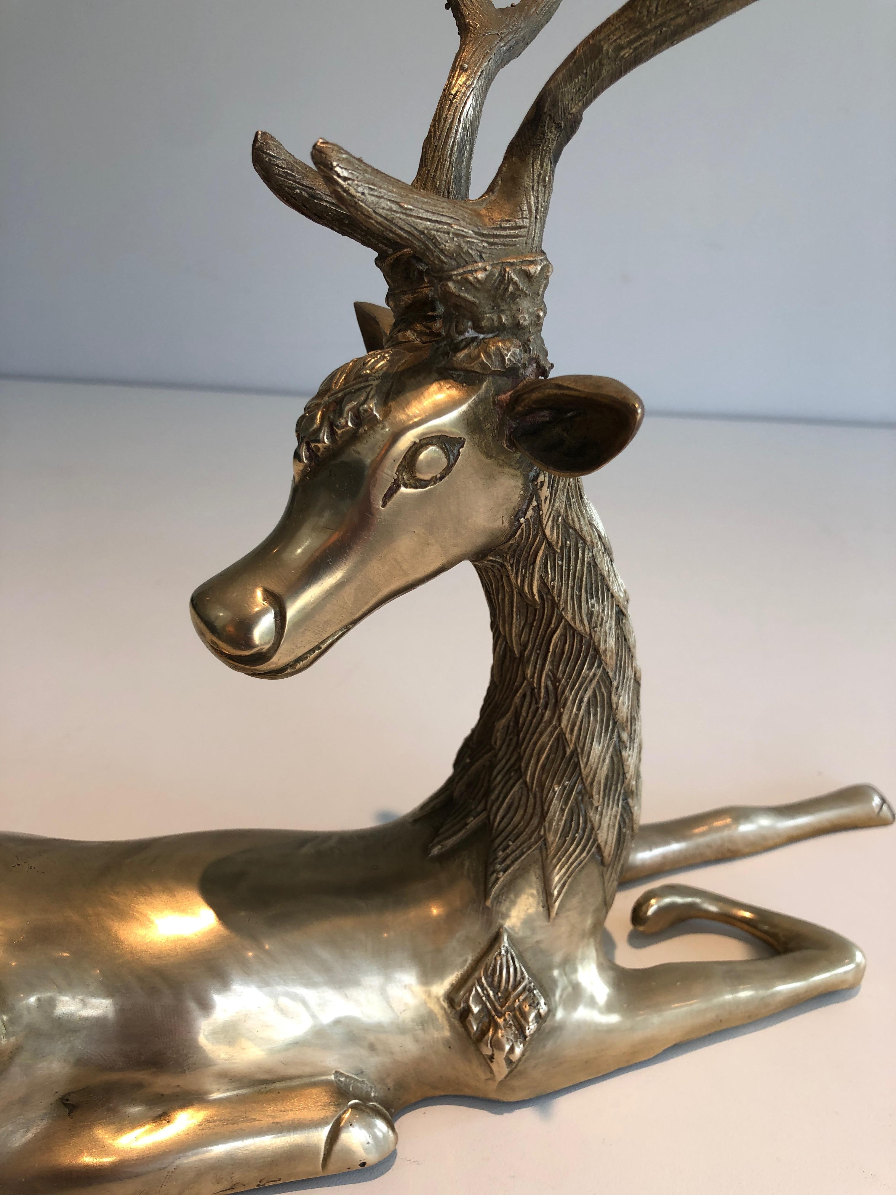 French Brass Lying Deer with Shamanic Inlays For Sale