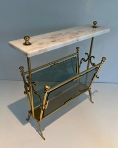 Brass Magazine Rack with Bluish Glass and White Marble Top