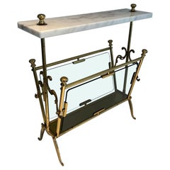 Brass Magazine Rack with Bluish Glass and White Marble Top