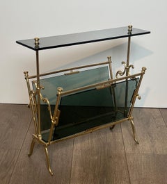Brass Magazine Rack with Bluish Glass