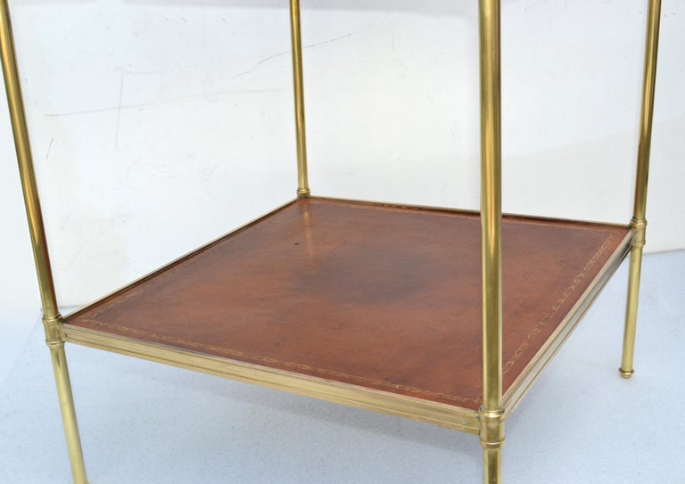 Brass Maison Jansen Neoclassical 2 Tier Square Leather Top Side End Table France For Sale 4