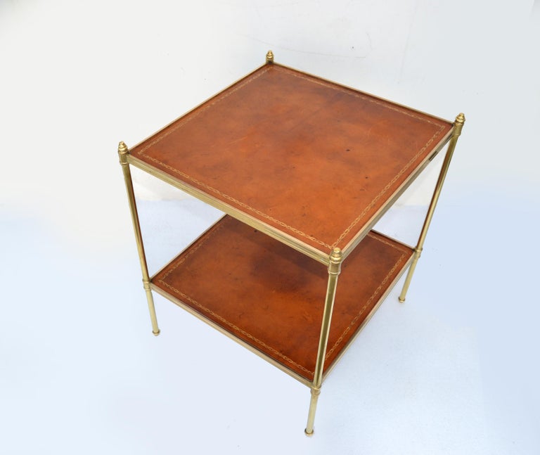 Brass Maison Jansen Neoclassical 2 Tier Square Leather Top Side End Table France For Sale 7
