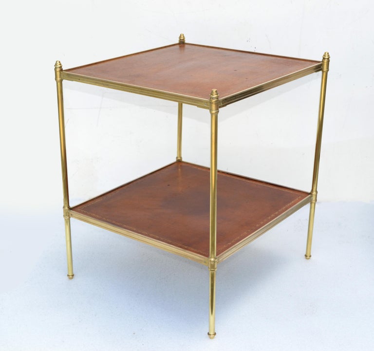 French Brass Maison Jansen Neoclassical 2 Tier Square Leather Top Side End Table France For Sale