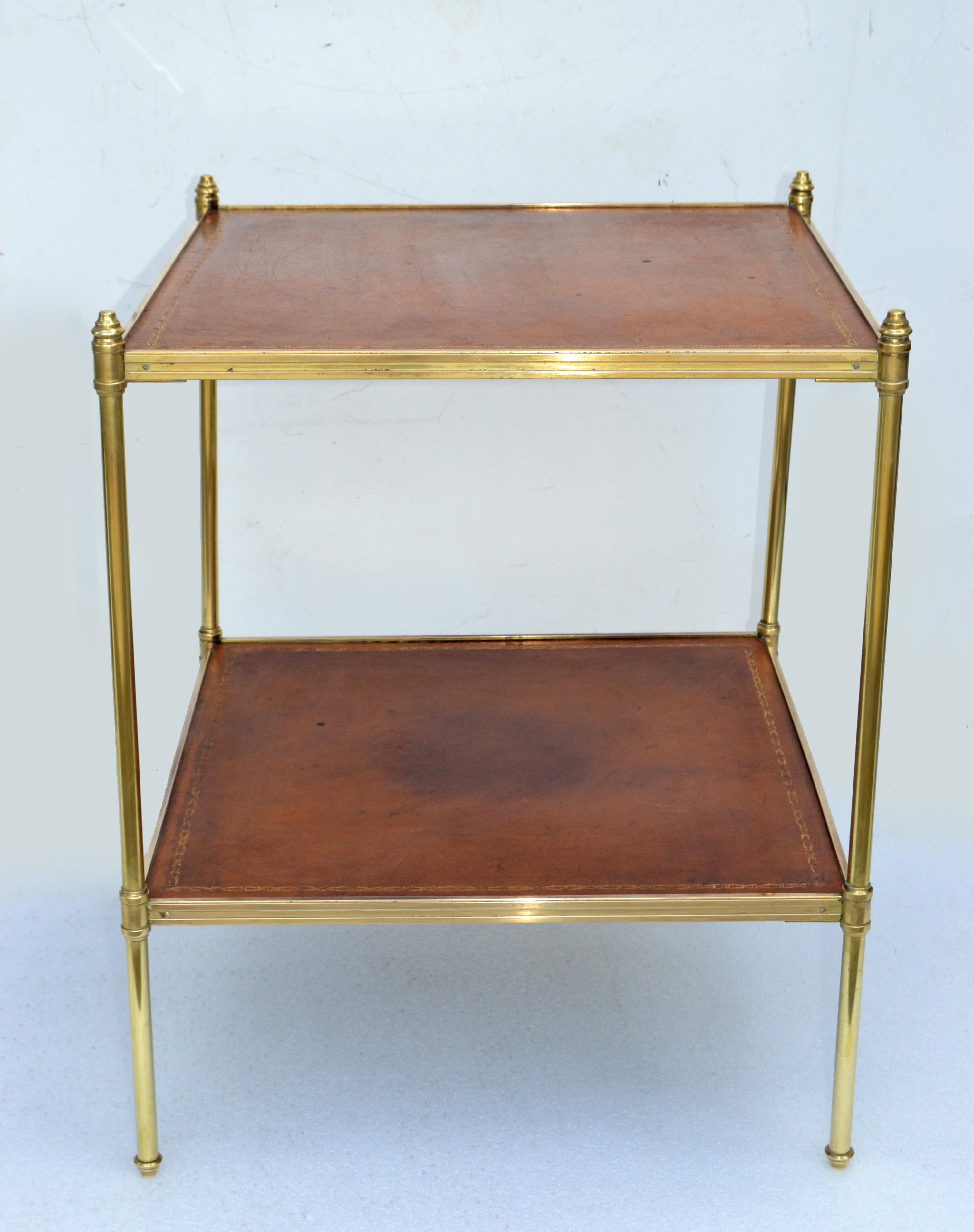 Hand-Crafted Maison Jansen Neoclassical 2 Tier Square Leather Top Side End Table France