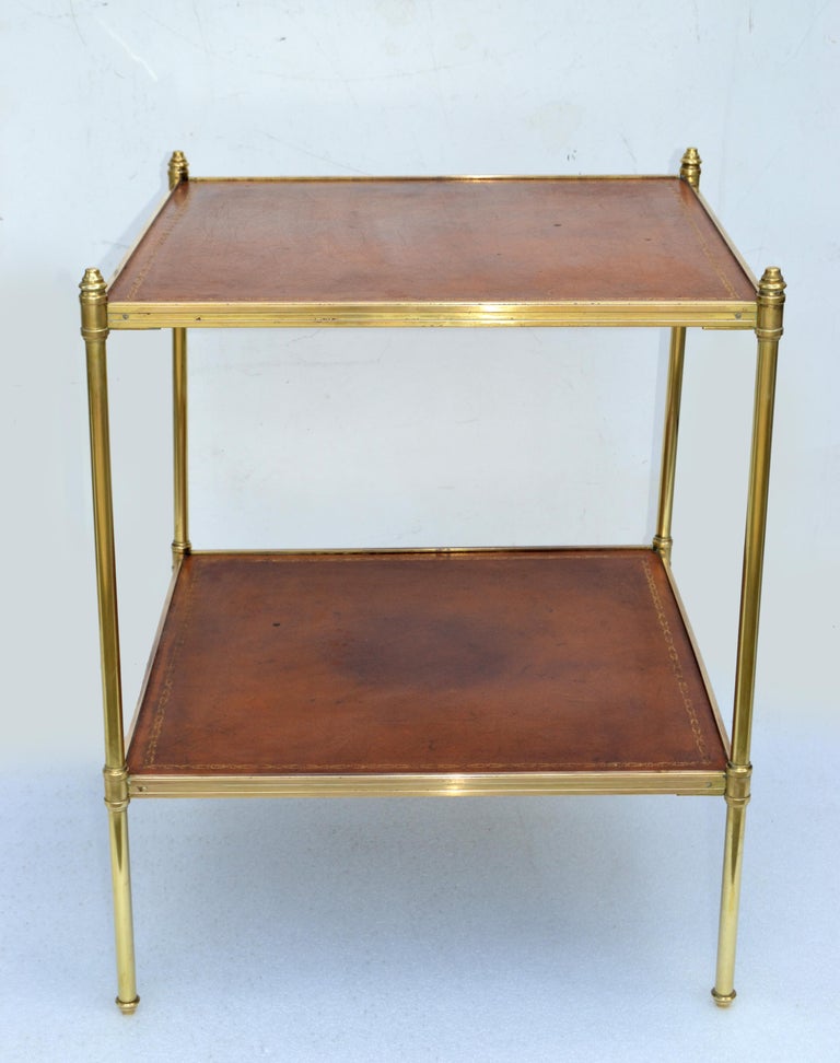 Polished Brass Maison Jansen Neoclassical 2 Tier Square Leather Top Side End Table France For Sale