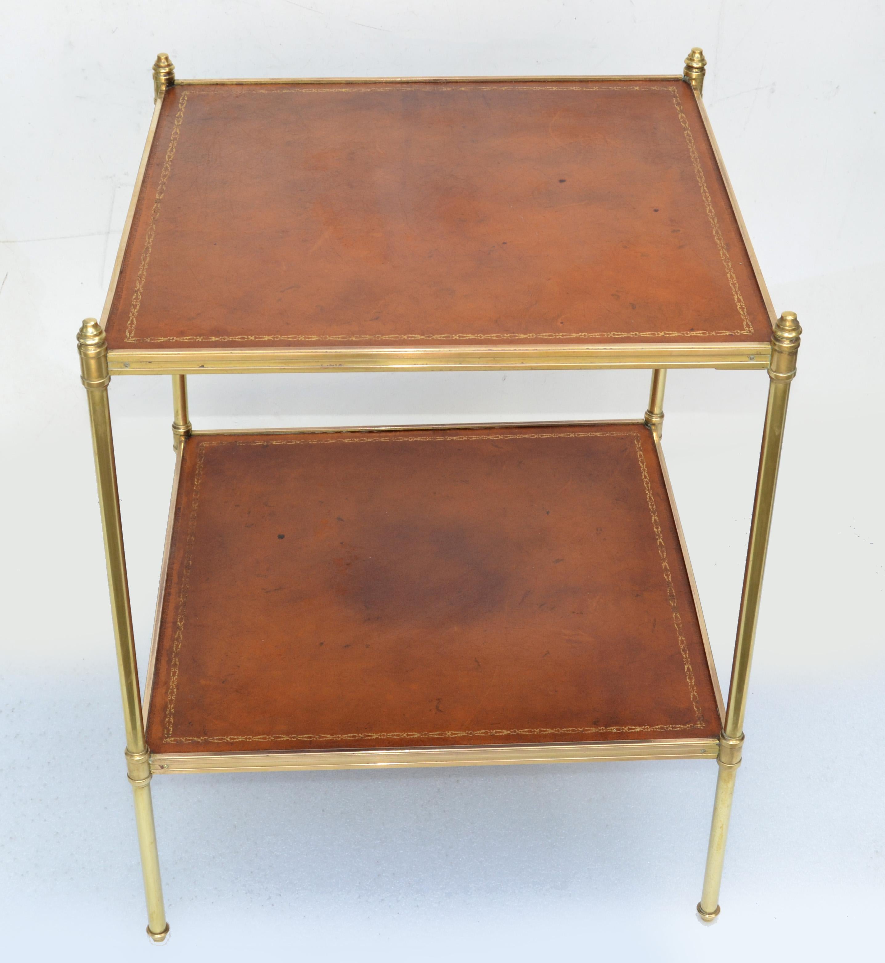 Maison Jansen Neoclassical 2 Tier Square Leather Top Side End Table France In Good Condition For Sale In Miami, FL