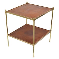 Vintage Brass Maison Jansen Neoclassical 2 Tier Square Leather Top Side End Table France