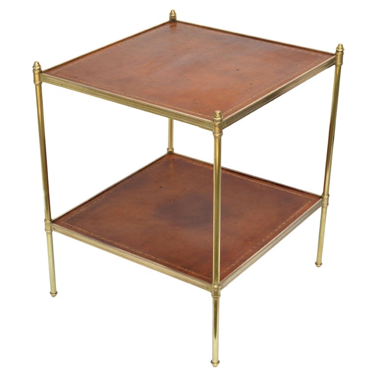 Brass Maison Jansen Neoclassical 2 Tier Square Leather Top Side End Table France For Sale