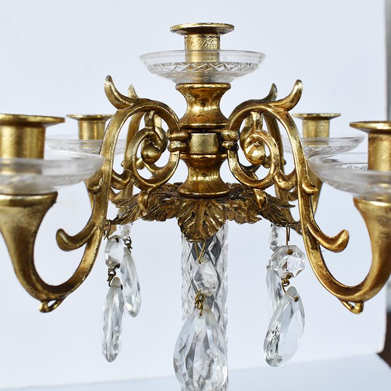 Louis XVI Brass Marble Crystal and Acrylic 4-Arm Candelabras Louis XV or XVI Style, Pair For Sale