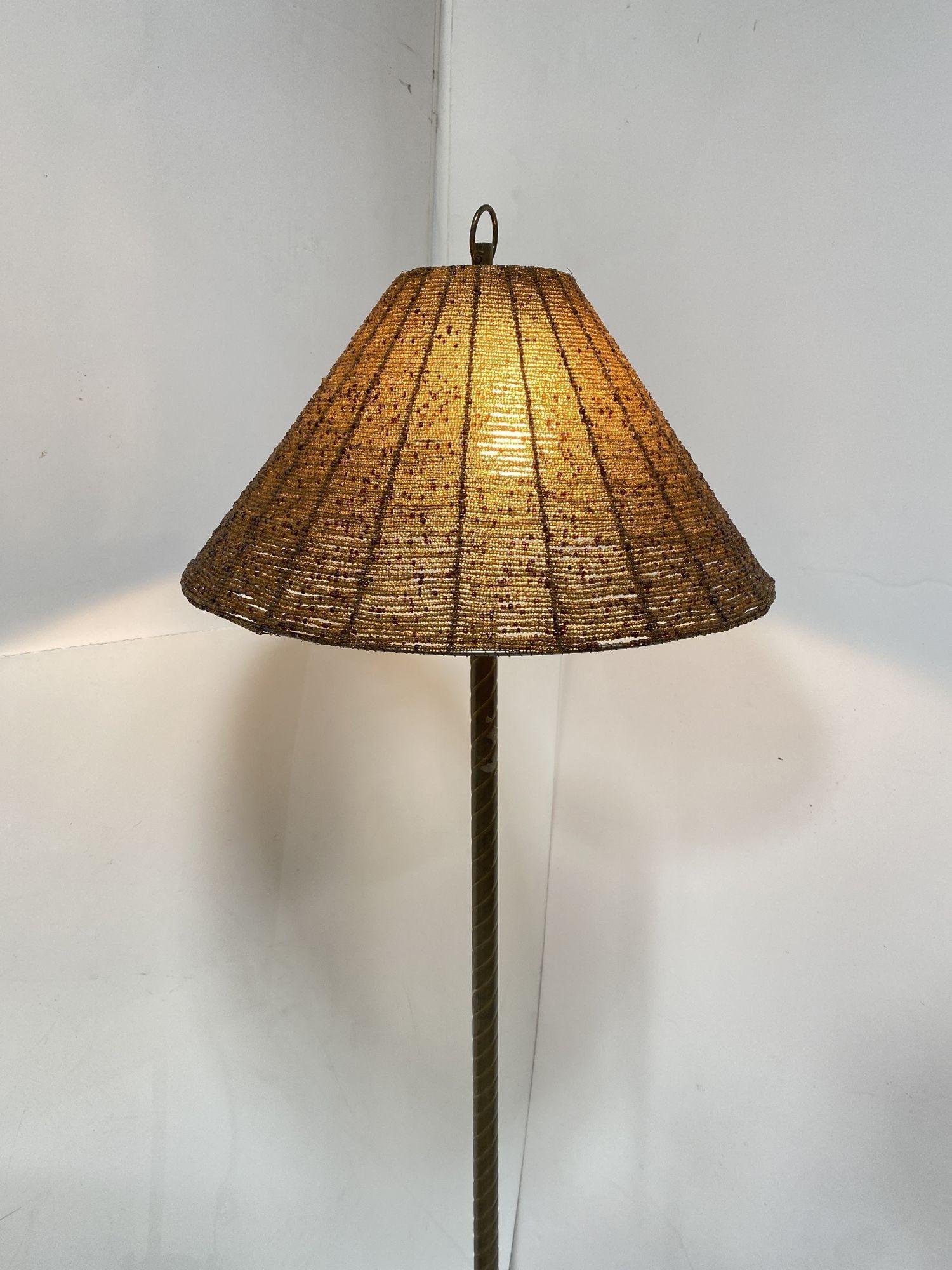 Brass & Marble Empire Iron Marble Floor Lamp w/ Beaded Shade For Sale 1