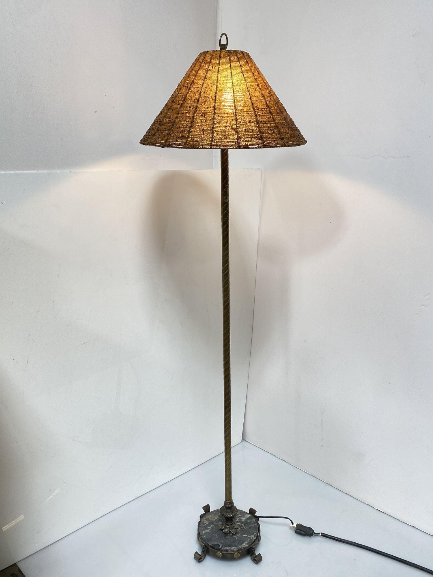 Brass & Marble Empire Iron Marble Floor Lamp w/ Beaded Shade For Sale 2