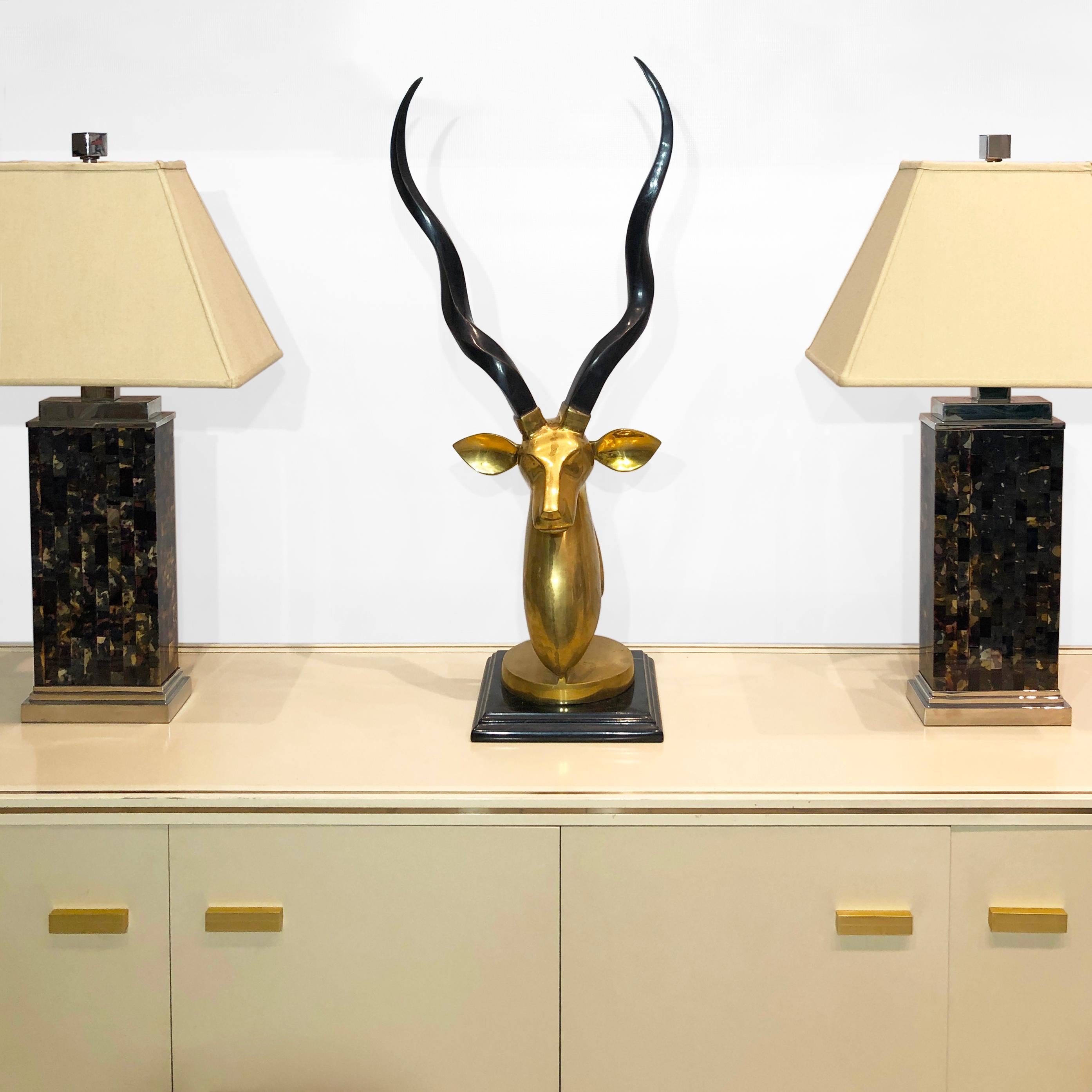 Hollywood Regency Brass Marble Kudu Antelope Head Sculpture Karl Springer Style For Sale