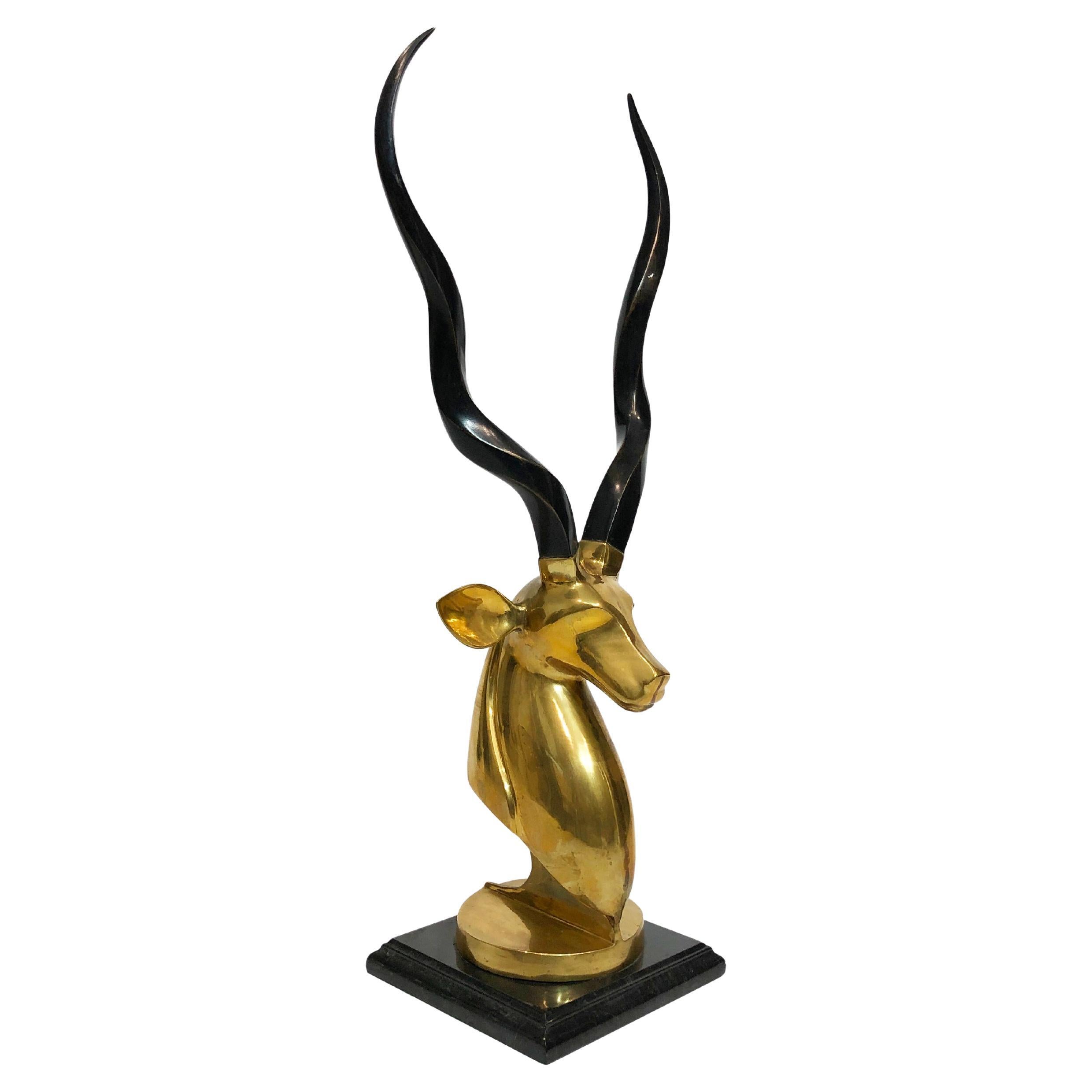 Brass Marble Kudu Antelope Head Sculpture Karl Springer Style For Sale