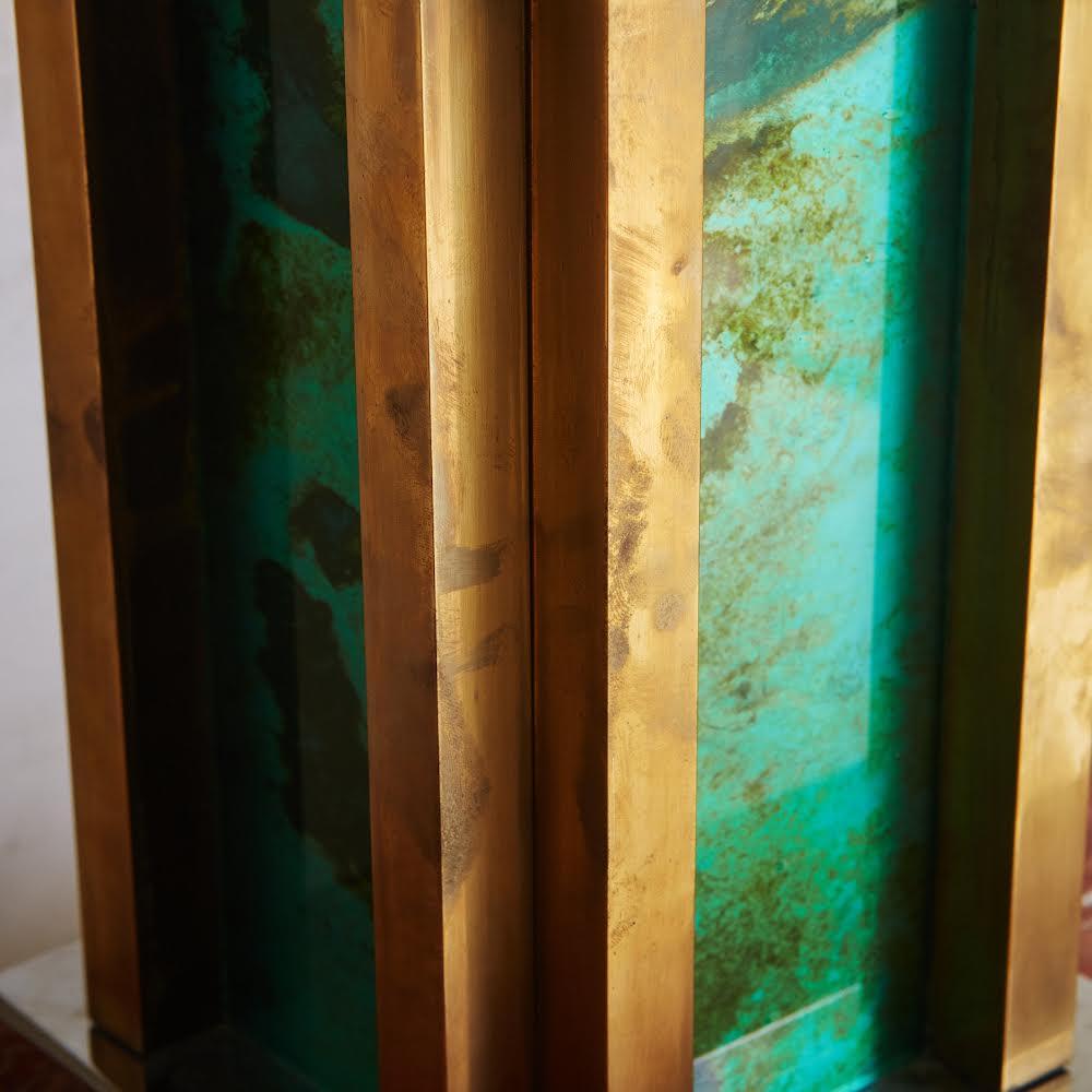 Mid-Century Modern Brass + Marbled Green Glass Table Lamp by Romeo Rega, Italy 1970s For Sale