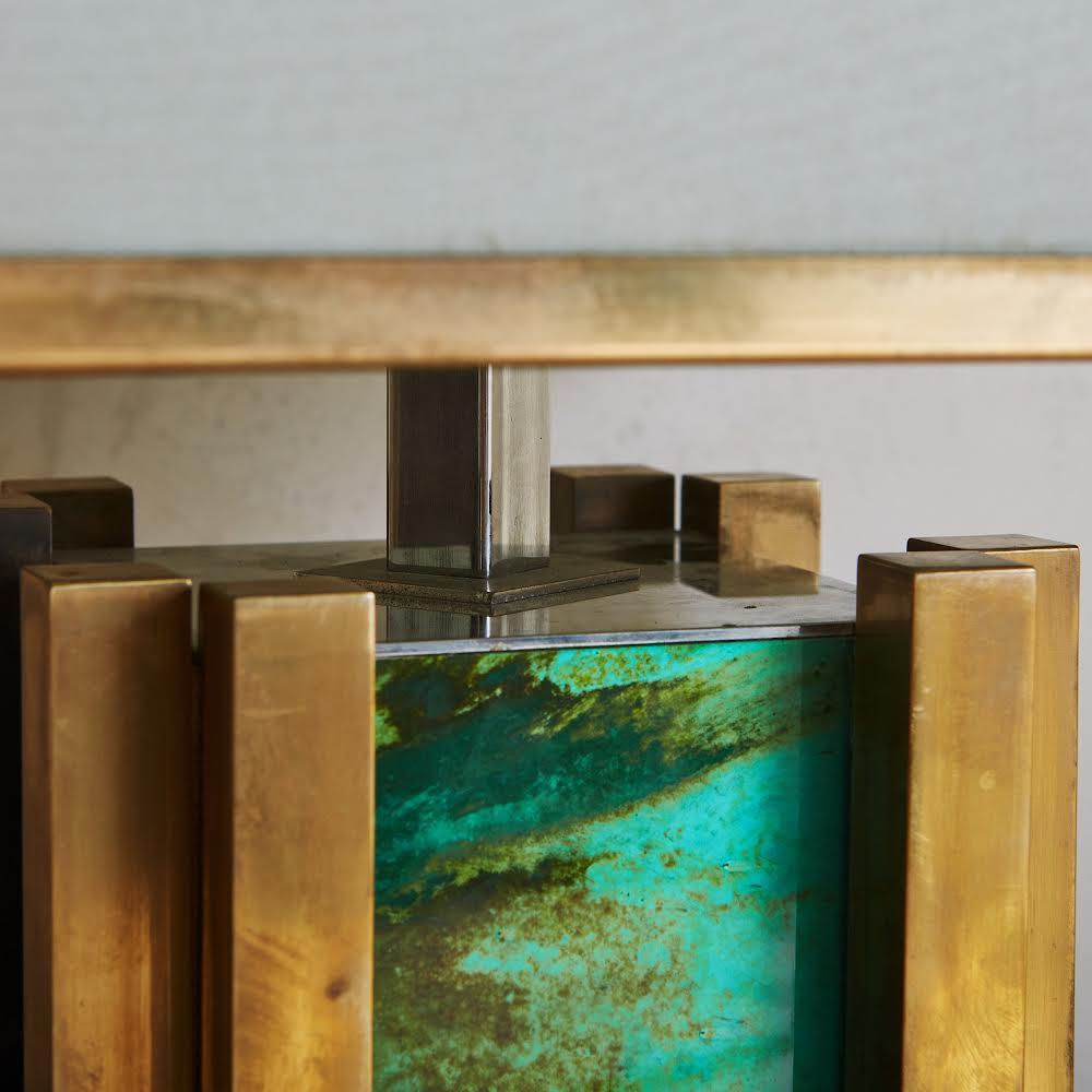 Italian Brass + Marbled Green Glass Table Lamp by Romeo Rega, Italy 1970s For Sale