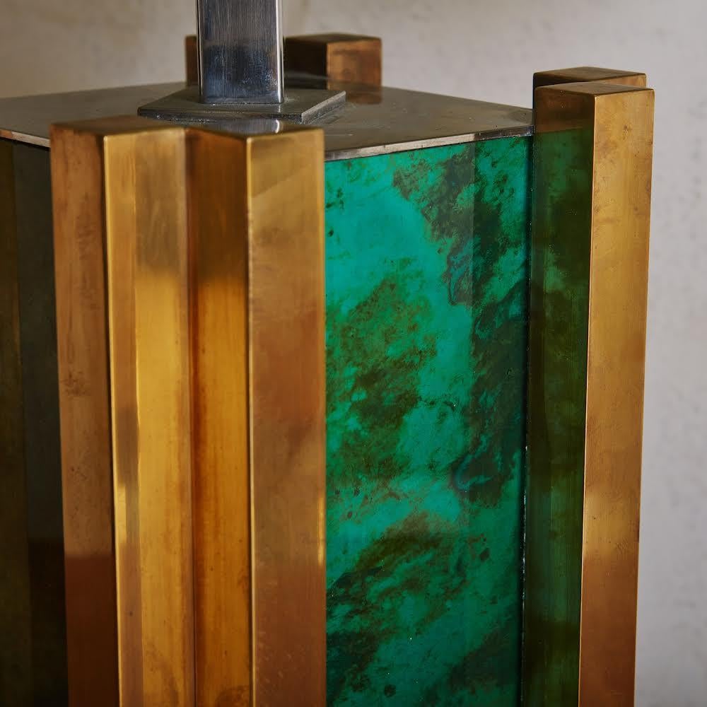 Brass + Marbled Green Glass Table Lamp by Romeo Rega, Italy 1970s For Sale 3