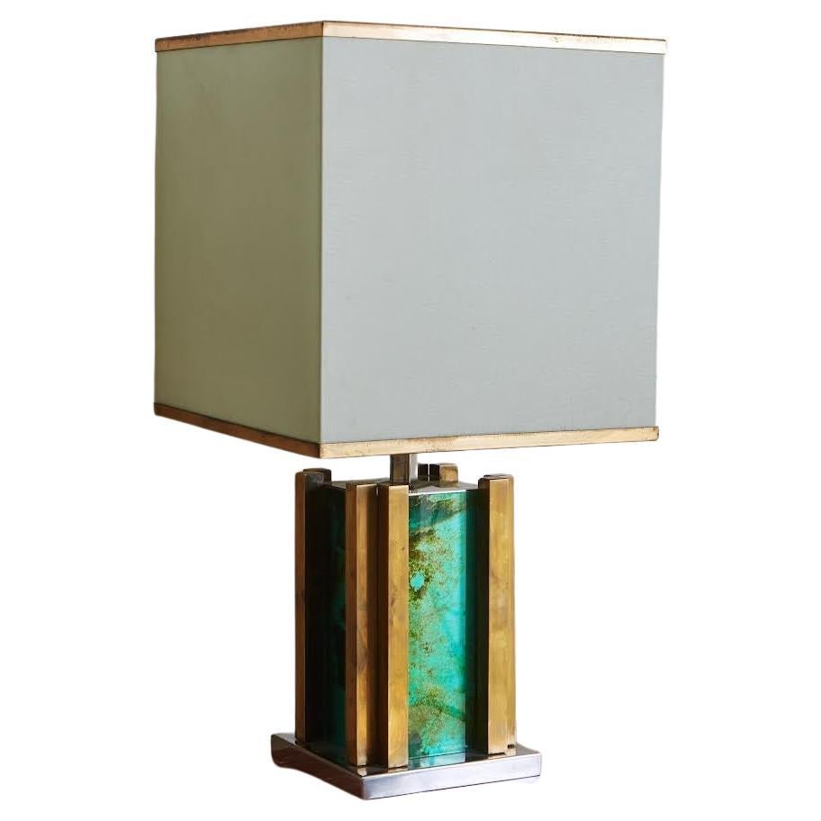 Brass + Marbled Green Glass Table Lamp by Romeo Rega, Italy 1970s For Sale