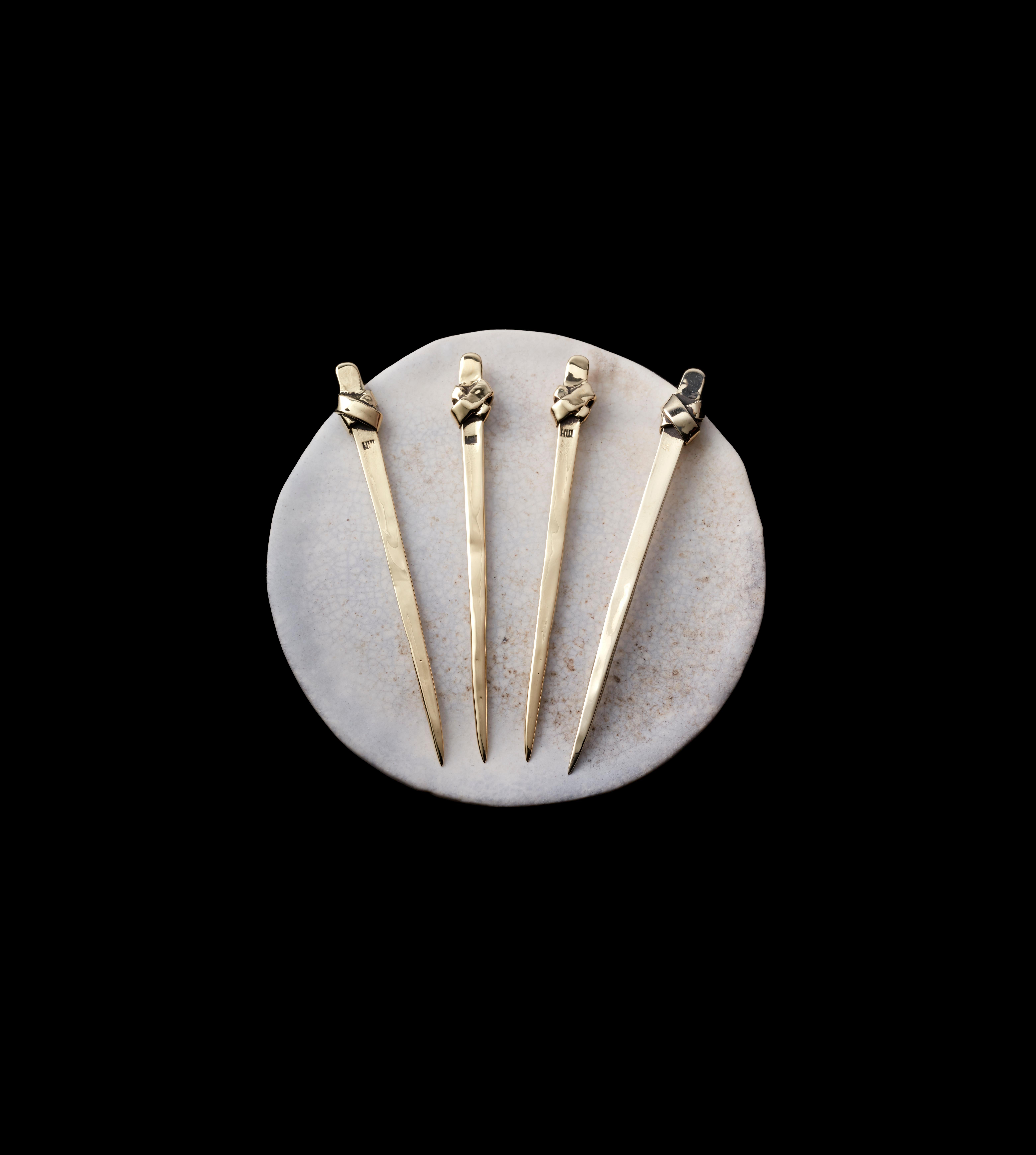 American Brass Martini Picks: Four Piece Set of Sculpted and Cast Brass Olive Picks For Sale