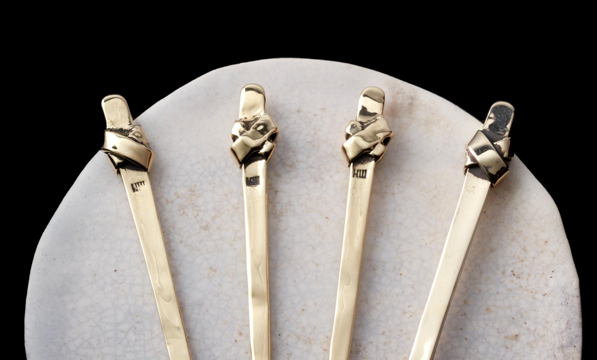 Contemporary Brass Martini Picks: Four Piece Set of Sculpted and Cast Brass Olive Picks For Sale