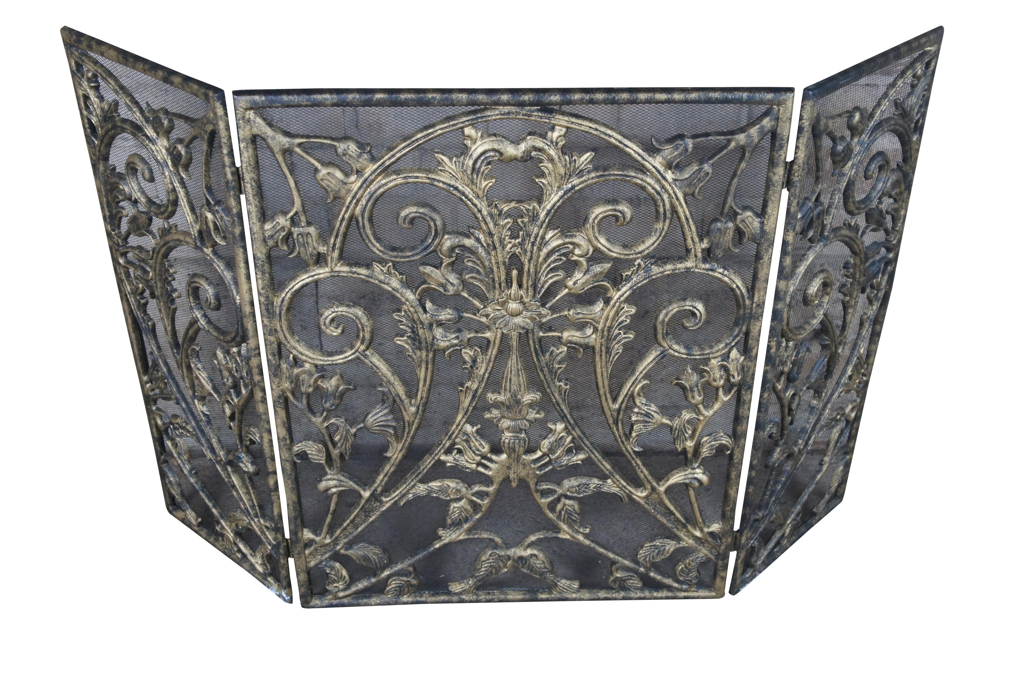 Vintage brass and mesh fireplace folding screen featuring a scrolled floral acanthus theme.

Dimensions:
27.5