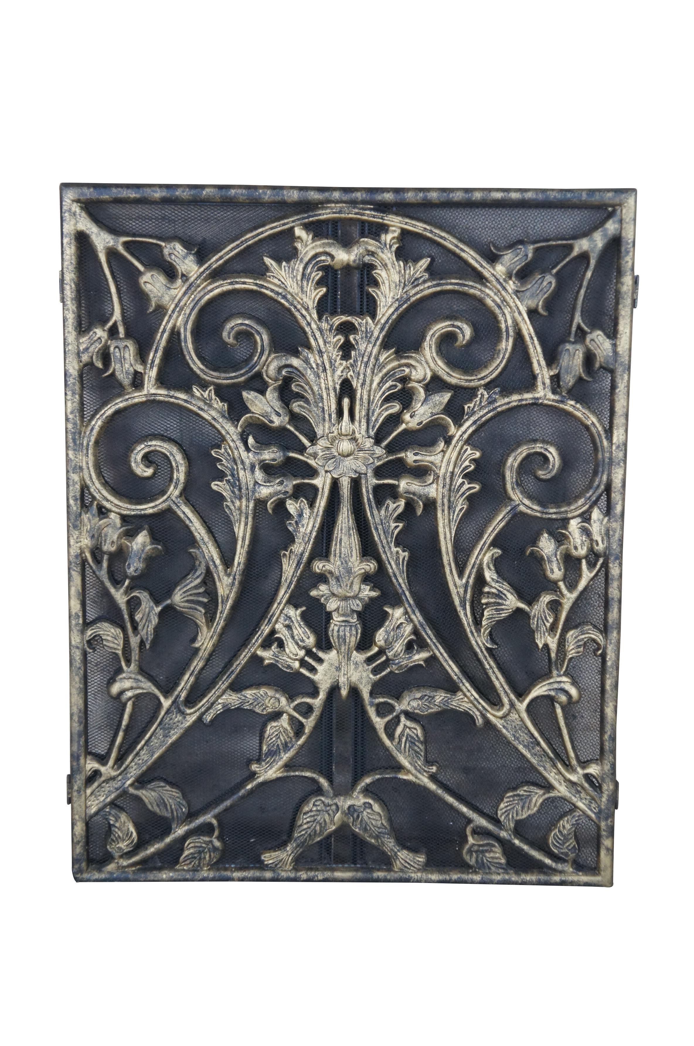 Neoclassical Revival Brass Mesh 3 Panel Floral Acanthus Fireplace Folding Fire Screen Hearthware 55