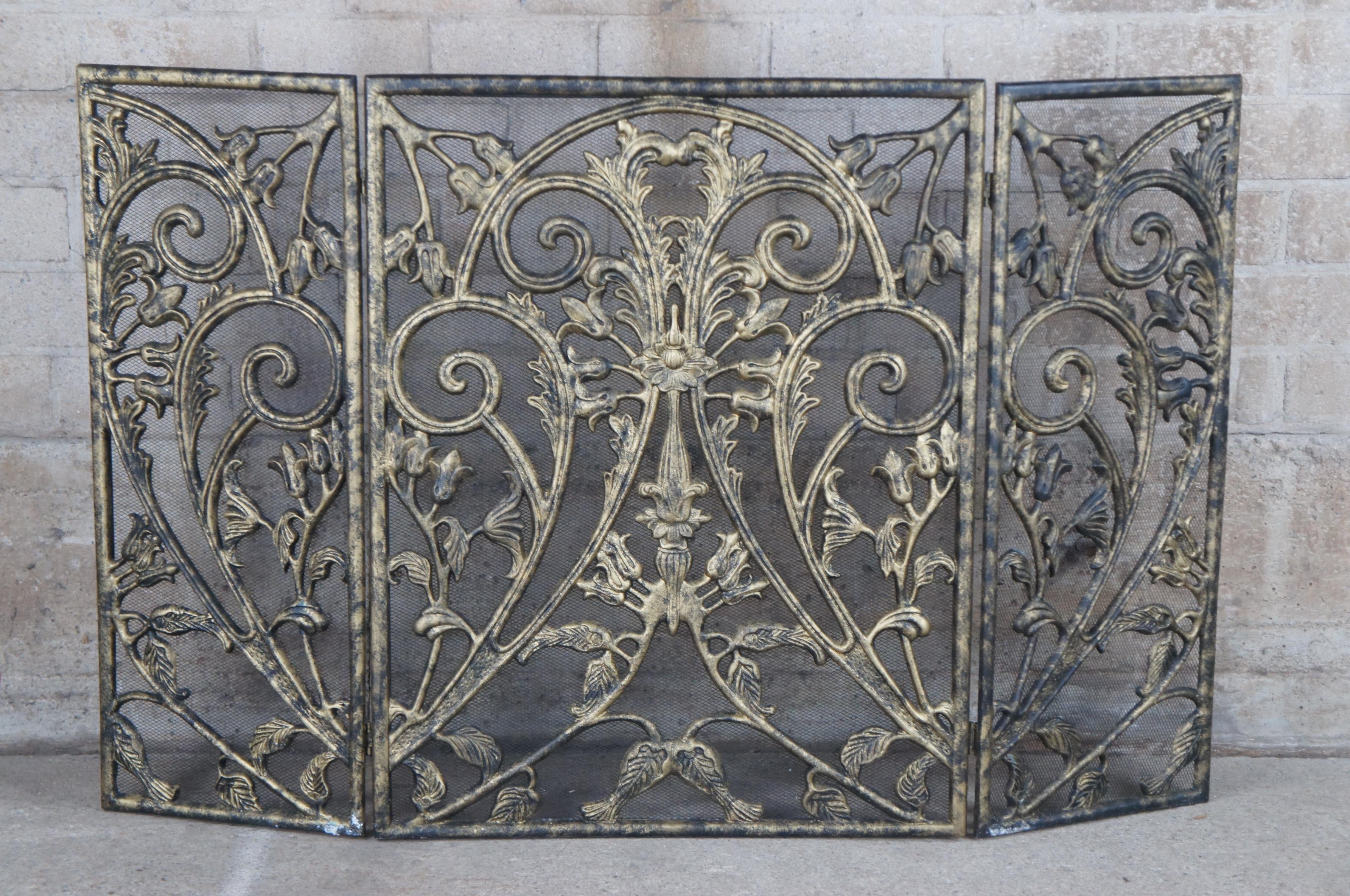 Brass Mesh 3 Panel Floral Acanthus Fireplace Folding Fire Screen Hearthware 55