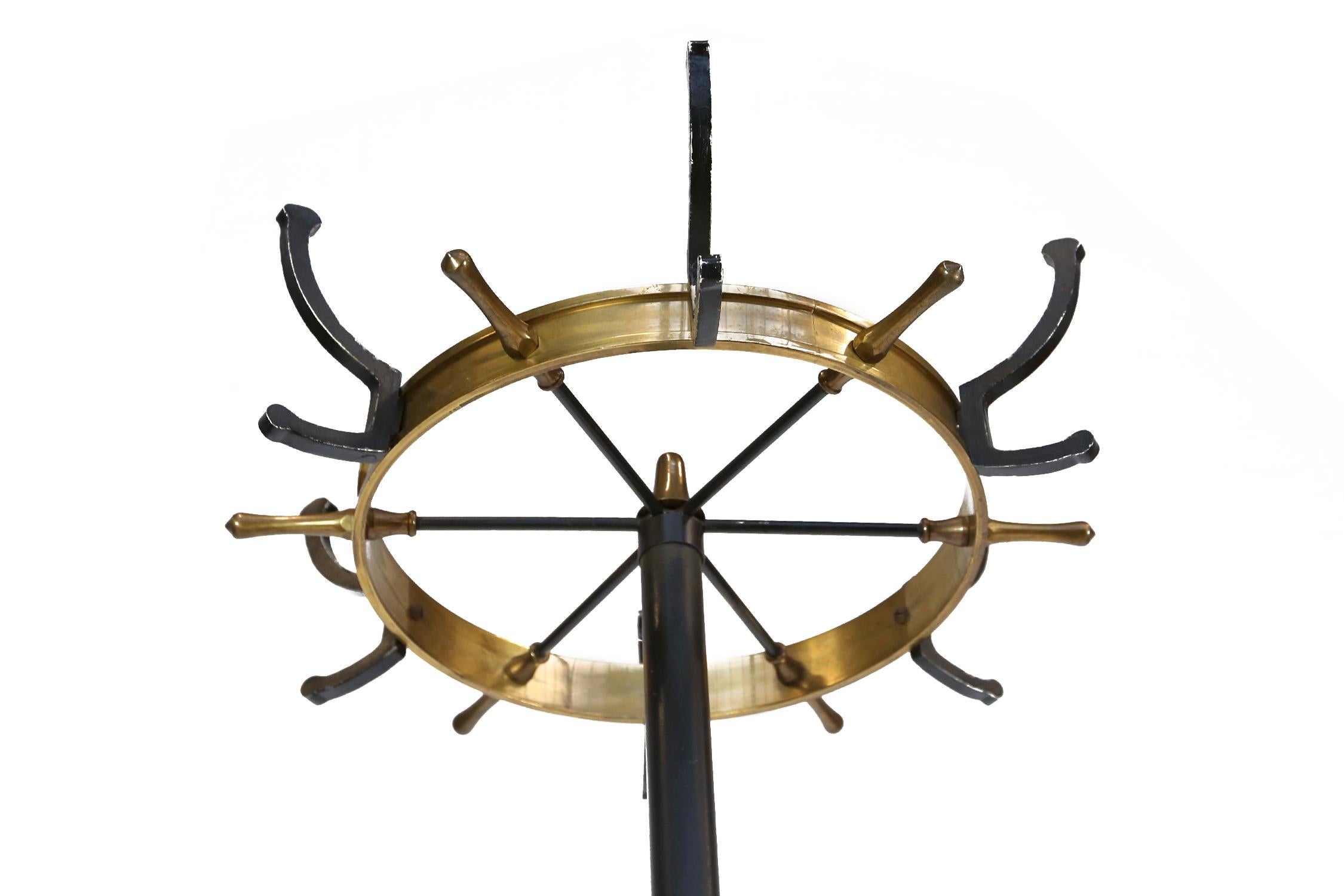 Brass and Metal Coat Stand by Jacques Adnet with brass hooks, France, 1950s In Good Condition In Ghent, BE