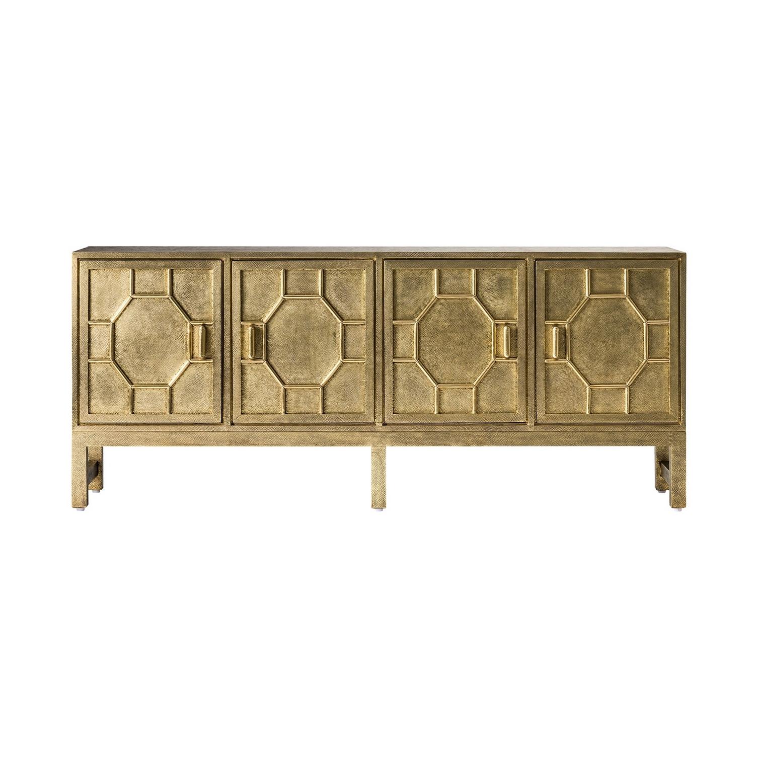 Brutalist style wooden and brass sideboard: An eyecatcher with geometrical and harmonious lines, composed of a wooden structure with 4 graphic door panels, all adorned with brass metal. Patina effect and gorgeous design in new condition!