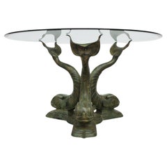 Antique Mid-Century Italian Koi Fish Dining Table with Brass Base and Glass Top