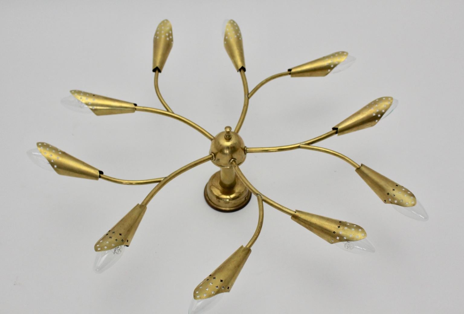 Metal Brass Mid-Century Modern Vintage Ceiling Lamp by Rupert Nikoll, 1950s, Vienna For Sale