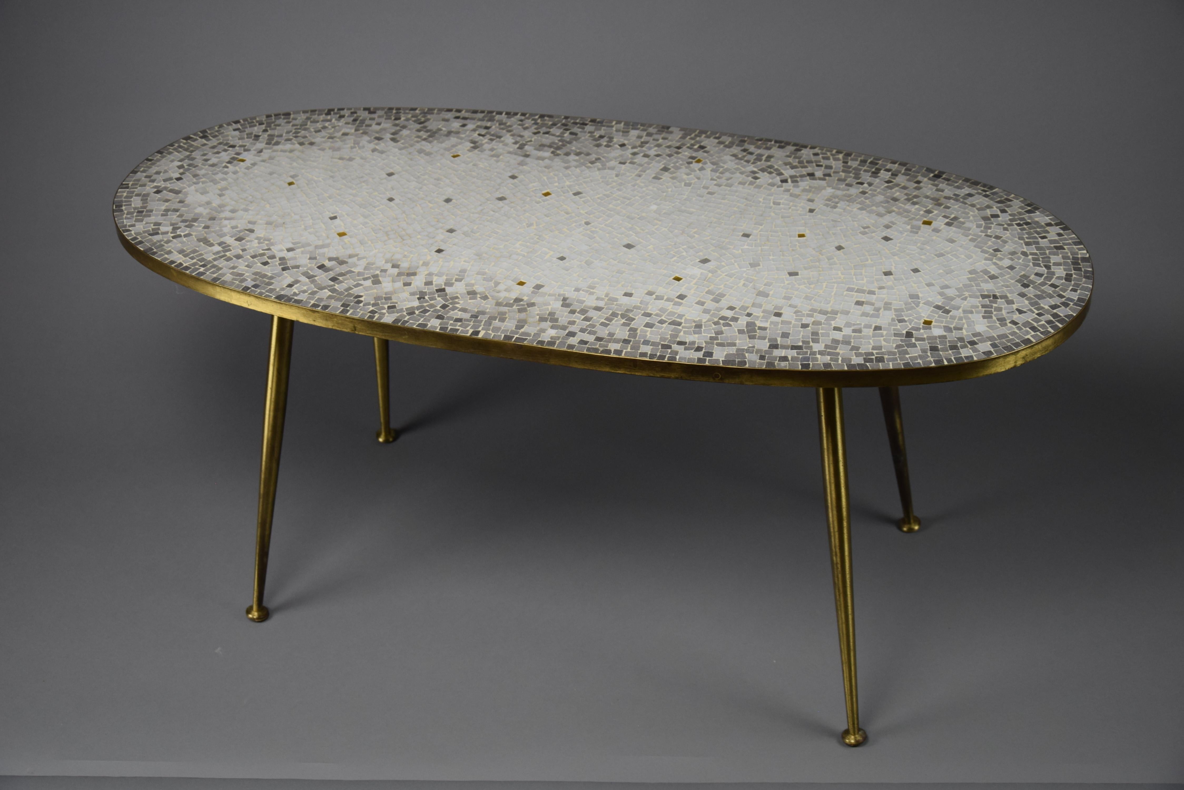 Oval Grey Glass Mosaic Coffee Table with  with Gold Highlights For Sale 7