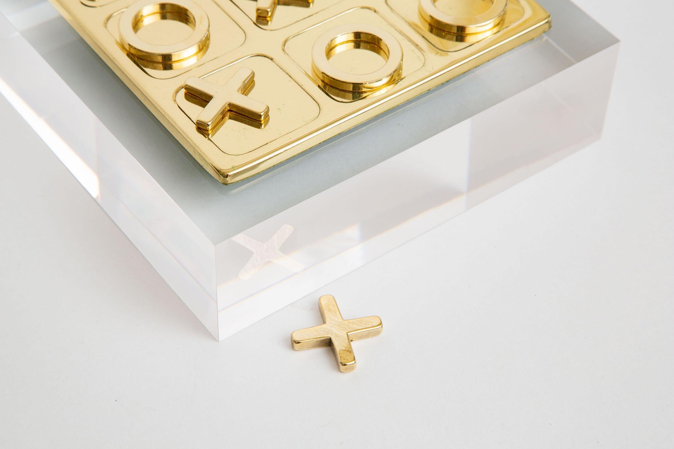 Taiwanese  Vintage Brass Tic Tac Toe Set Game on Custom Lucite Base For Sale