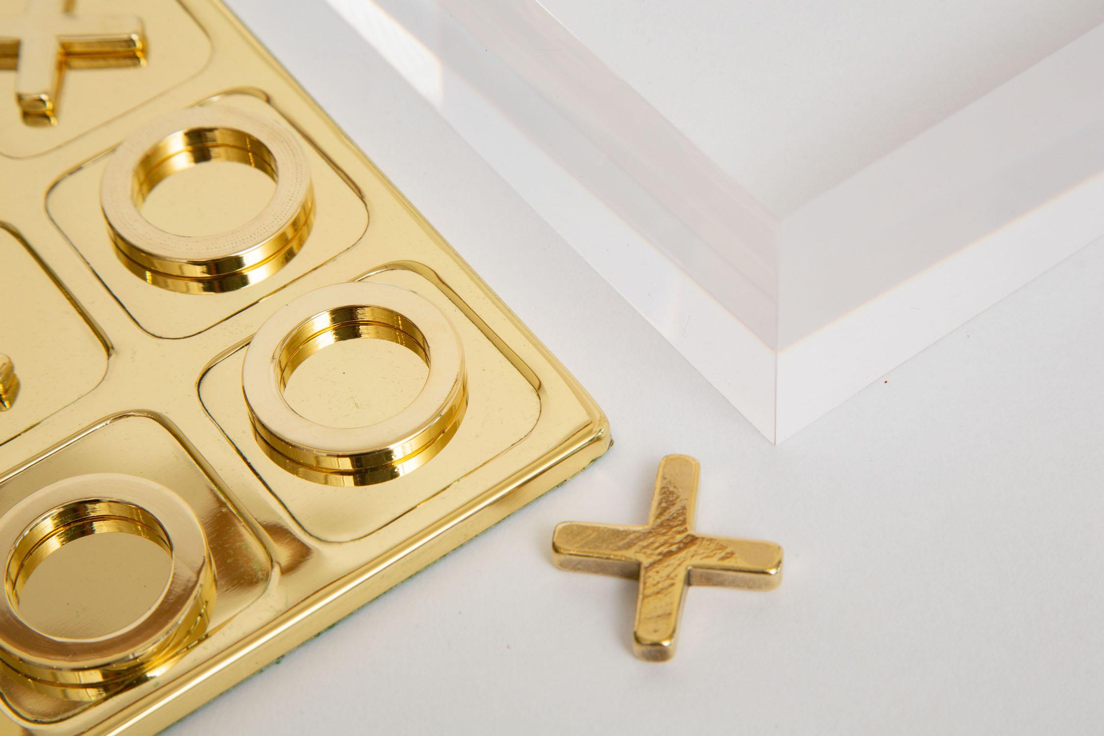 Mid-20th Century  Vintage Brass Tic Tac Toe Set Game on Custom Lucite Base For Sale