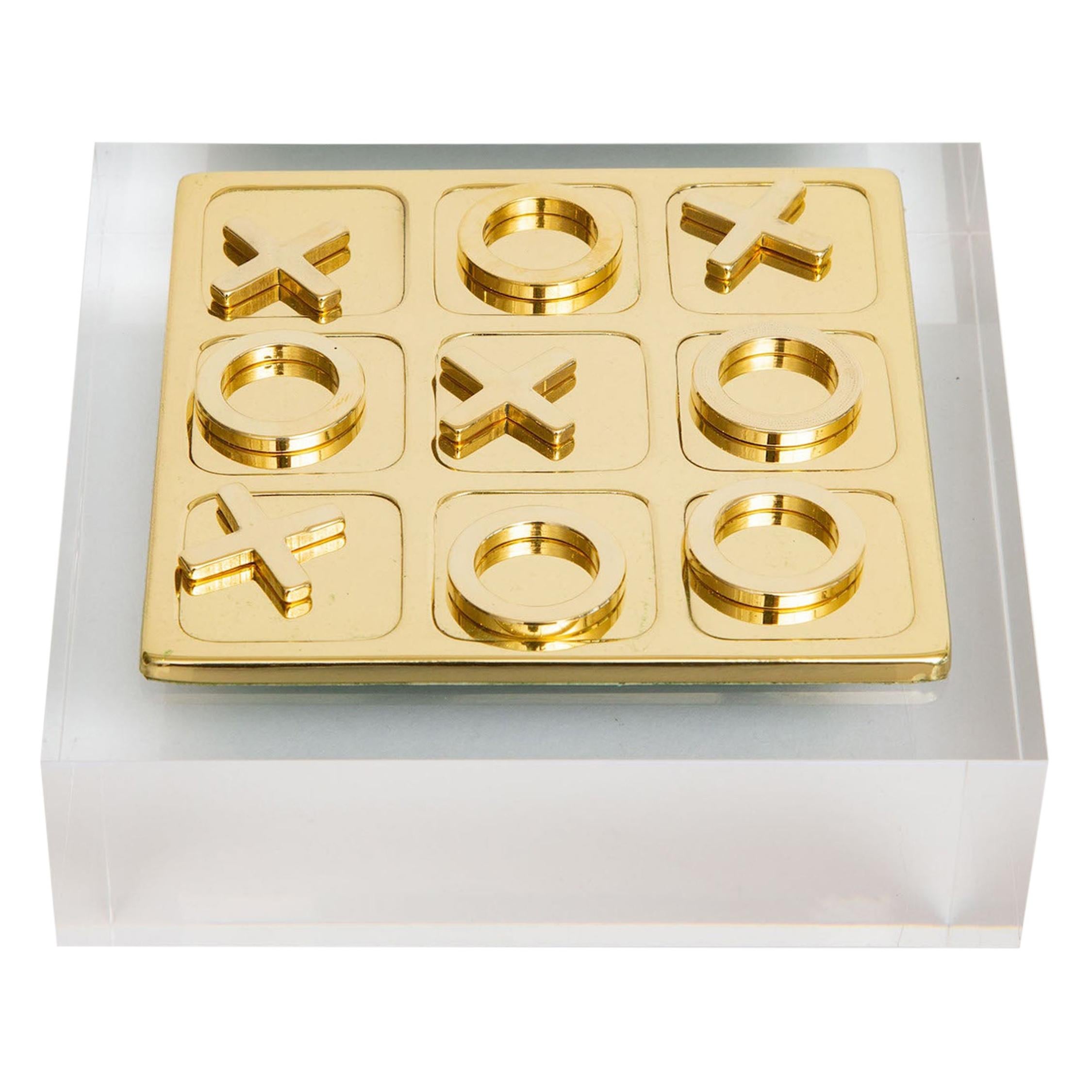 Brass Mid Century Tic Tac Toe Square Game Set on Lucite Base