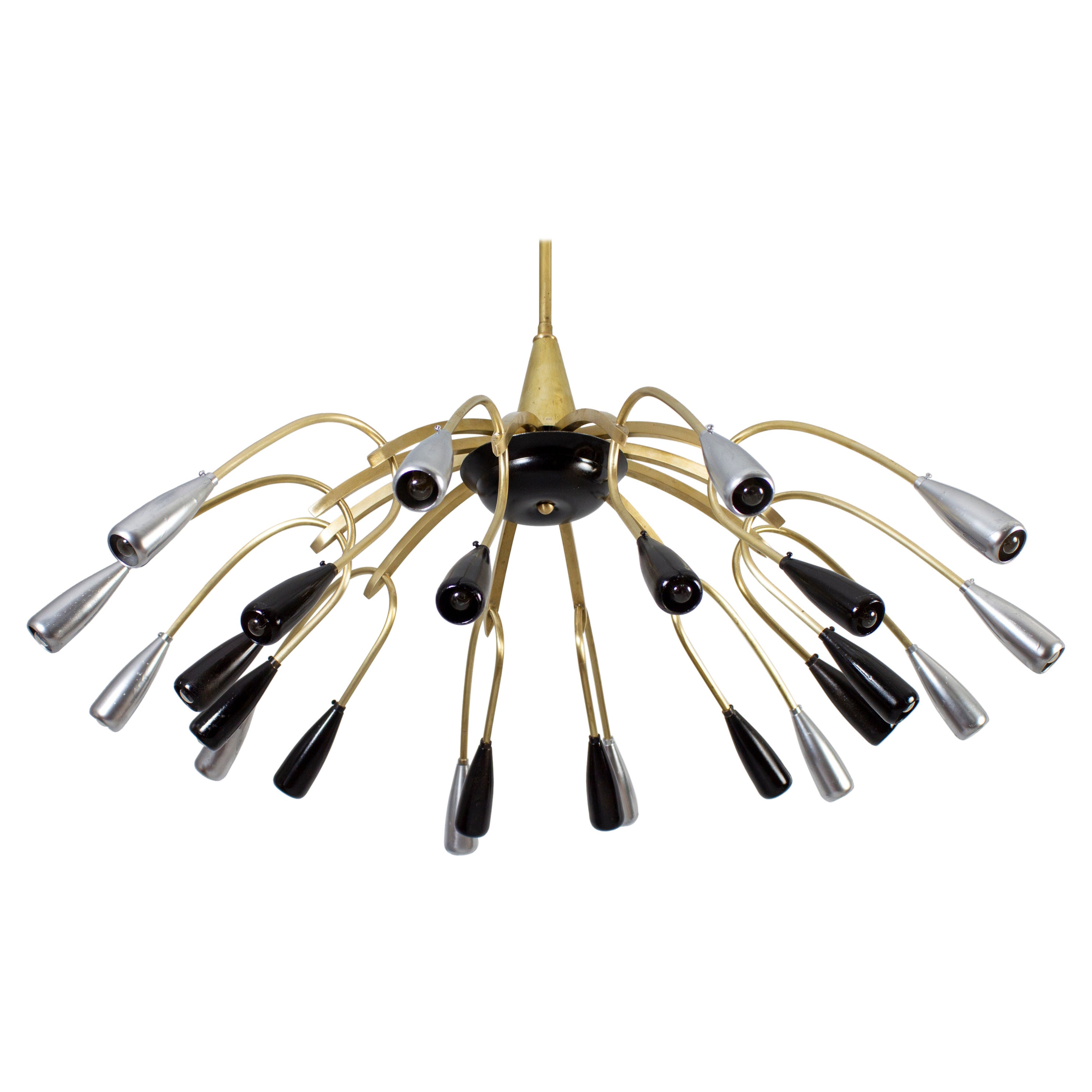 Lampadario in ottone di metà secolo in vetro di Murano, stile Stilnovo, anni '50 in vendita