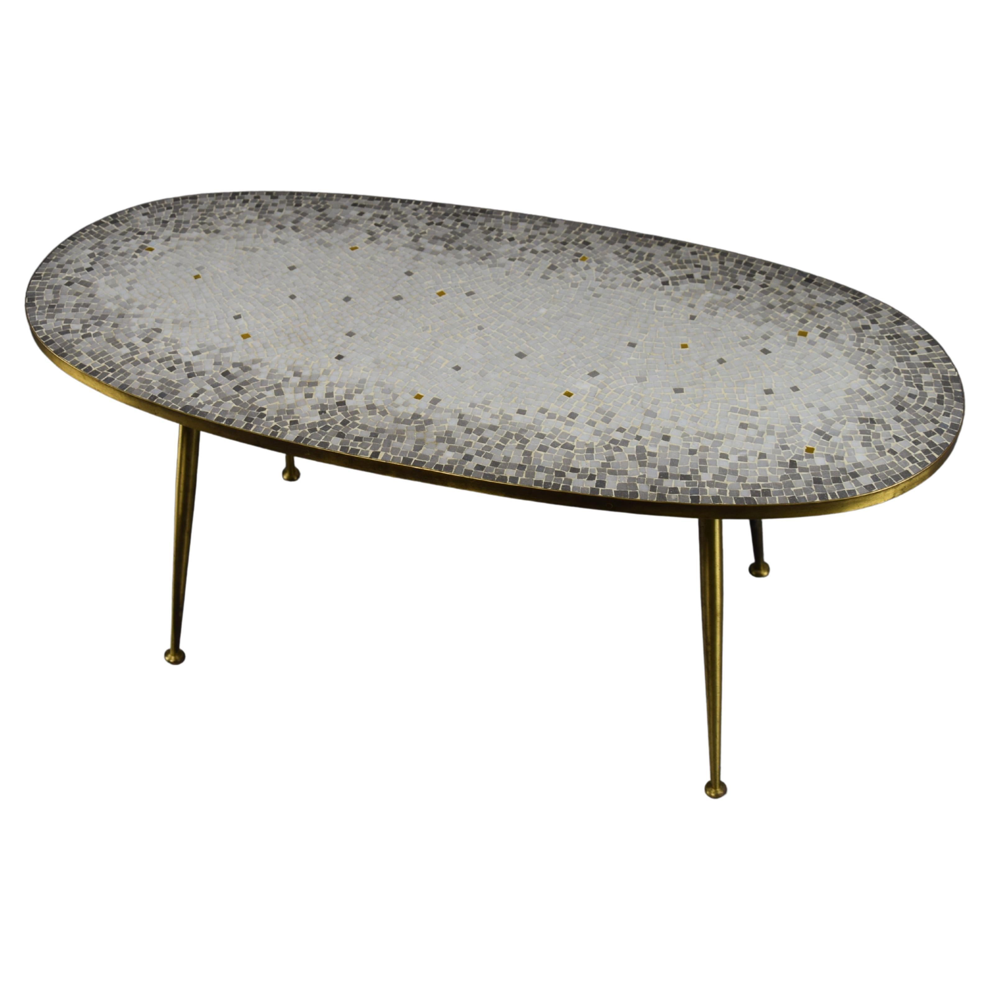 Oval Grey Glass Mosaic Coffee Table with  with Gold Highlights