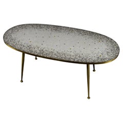 Brass Midcentury Oval Coffee Table with Grey Glass Mosaic and Gold Highlights