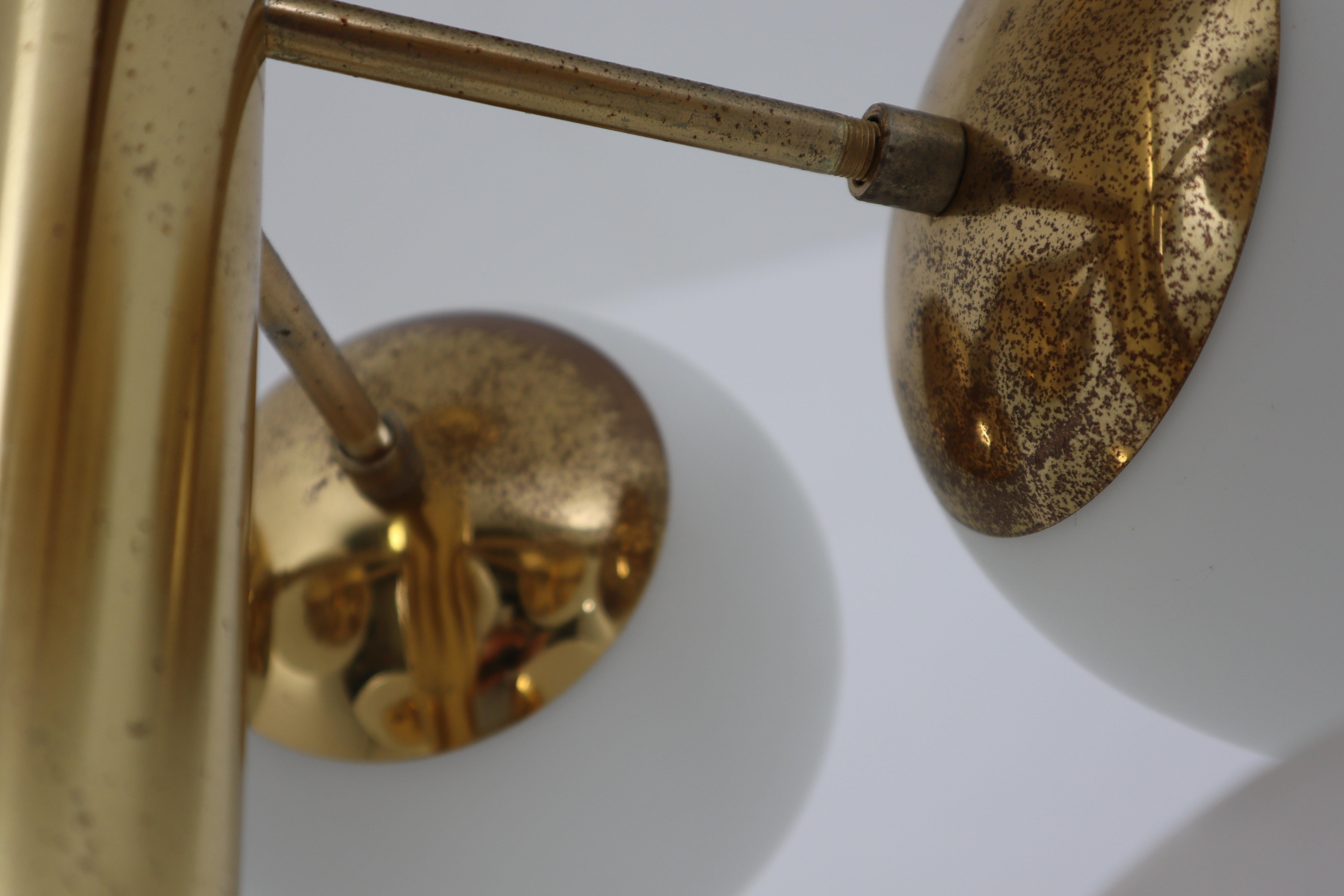 German Brass Midcentury Sputnik Chandelier with Nine Handblown Opal Glass Globes