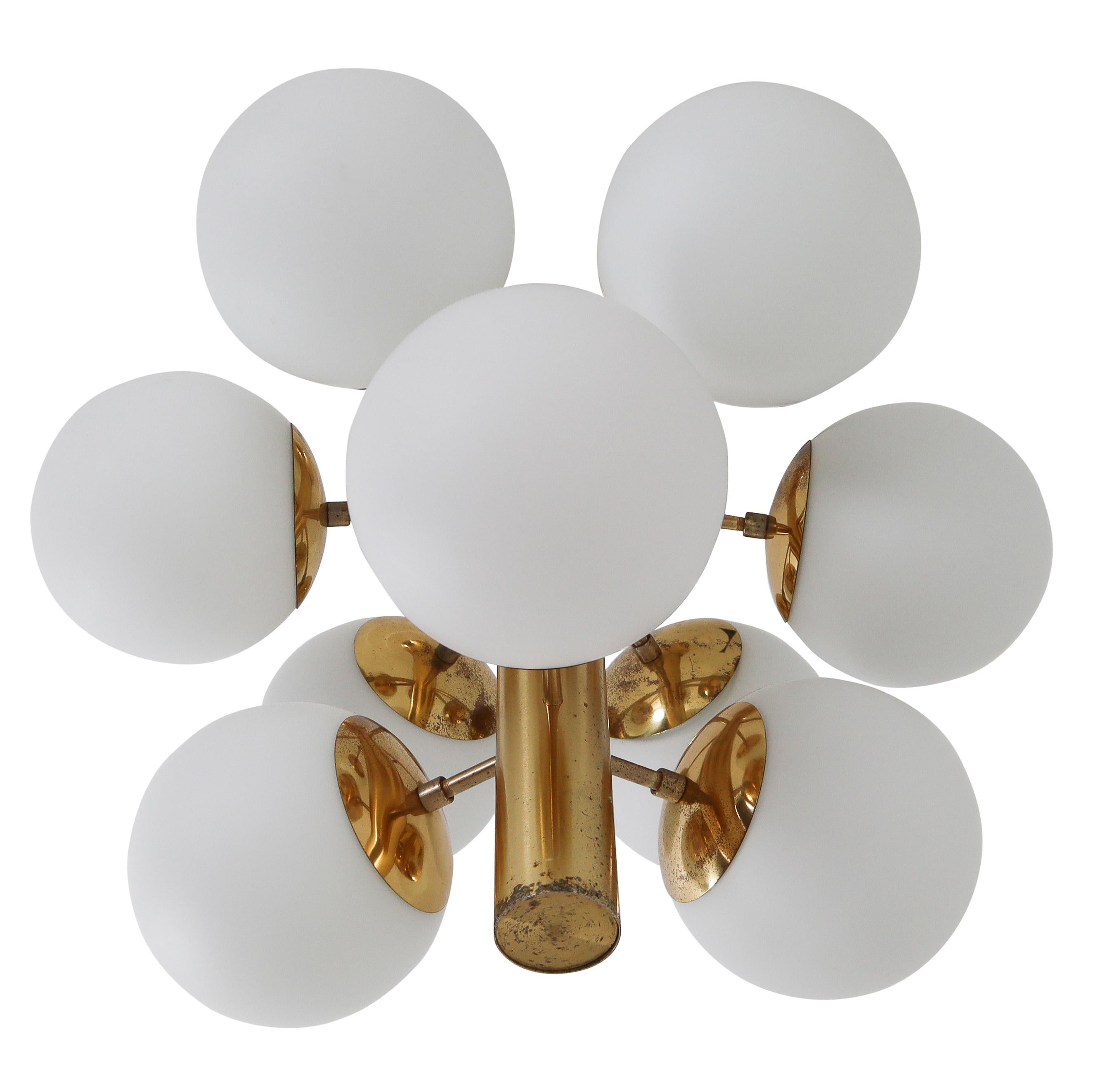 Brass Midcentury Sputnik Chandelier with Nine Handblown Opal Glass Globes