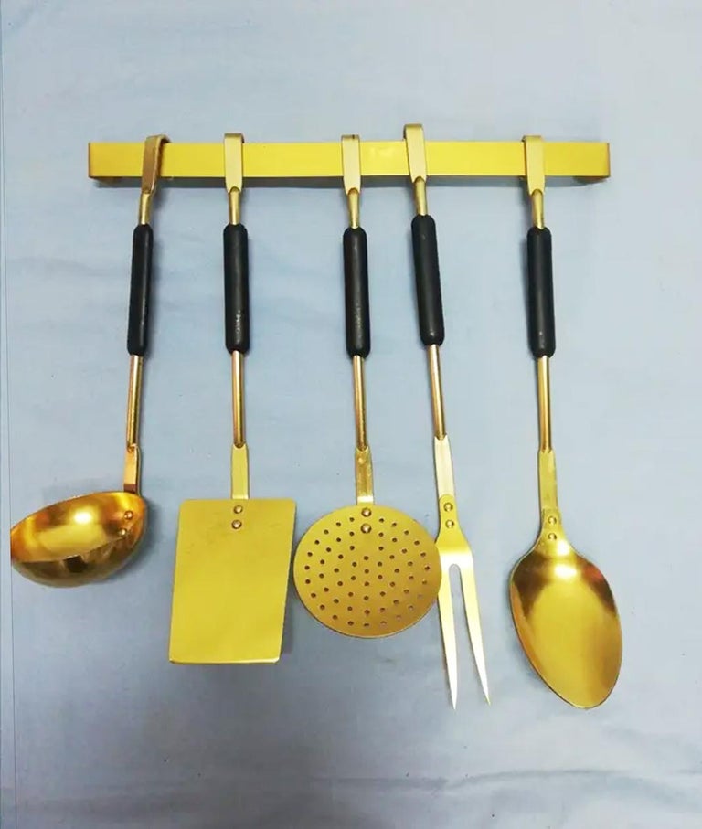 Brass Kitchen Utensils Hanging Bar Spain Mid 20th Century For Sale at