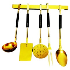 Brass Midcentury Vintage Kitchen Utensils with from a Hanging Bar Spain