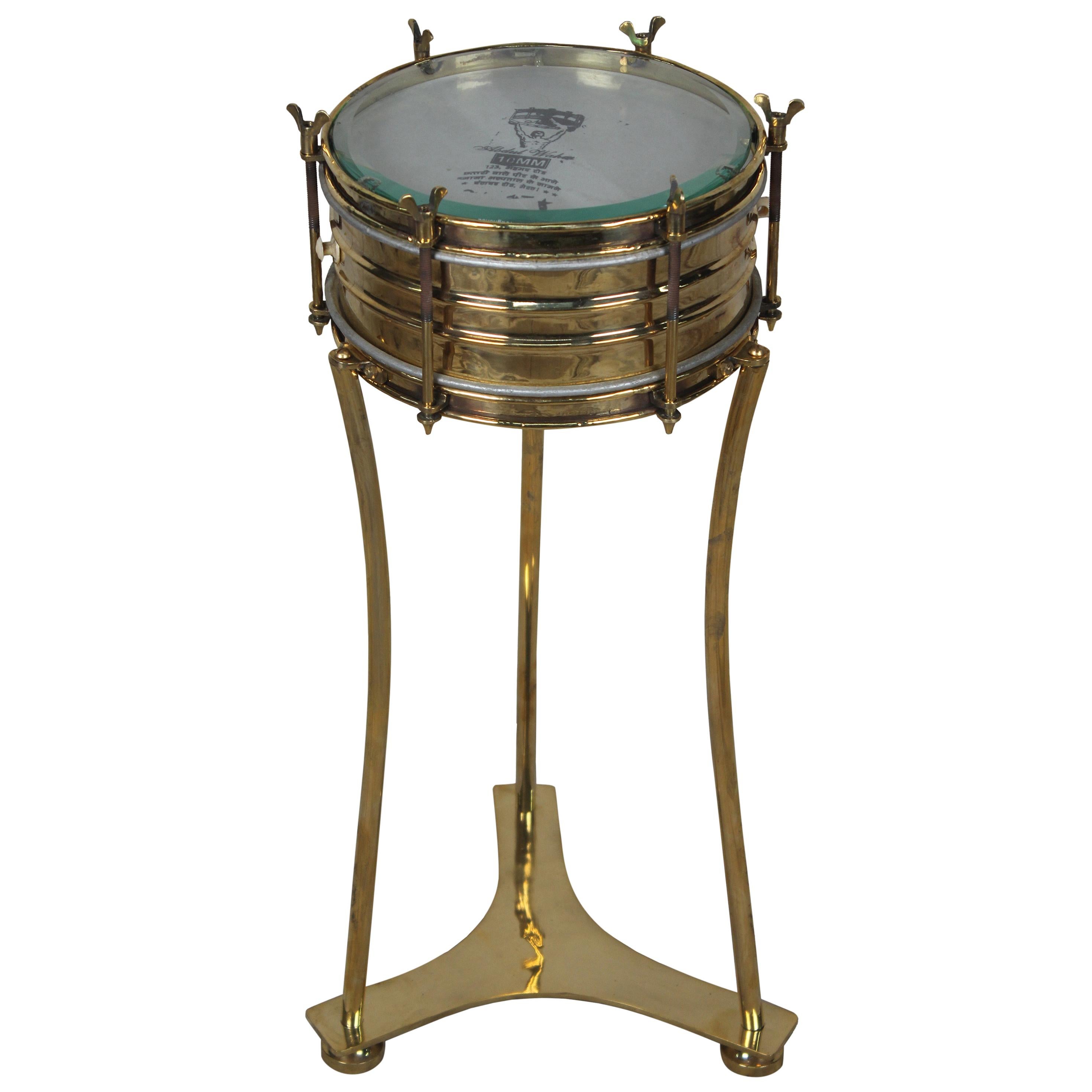 Brass Military or Marching Band Snare Drum Converted to Side Table, Mid-1900s