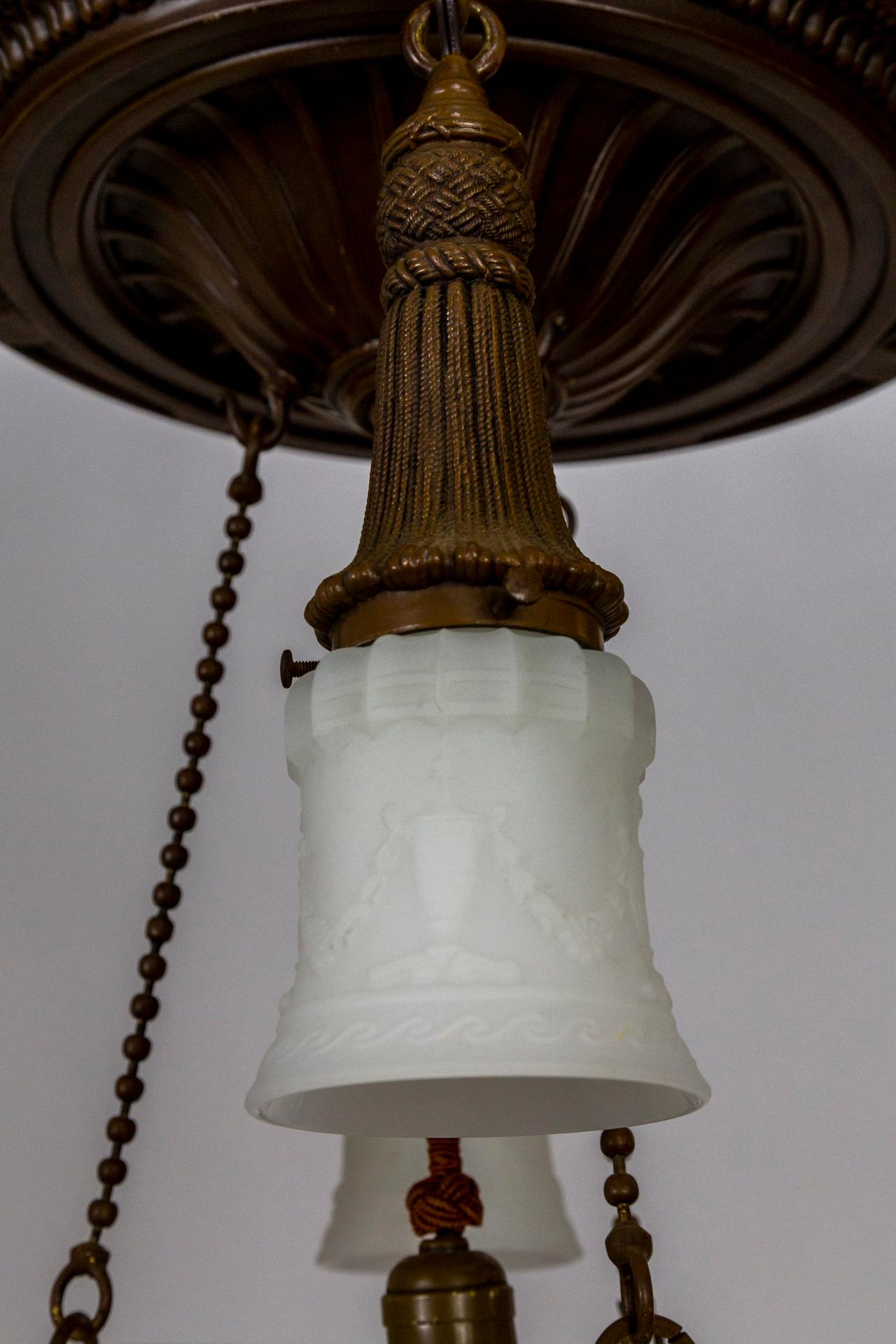 Brass & Milk Glass Pan Style Chandelier w/ Rope & Urn Details For Sale 4