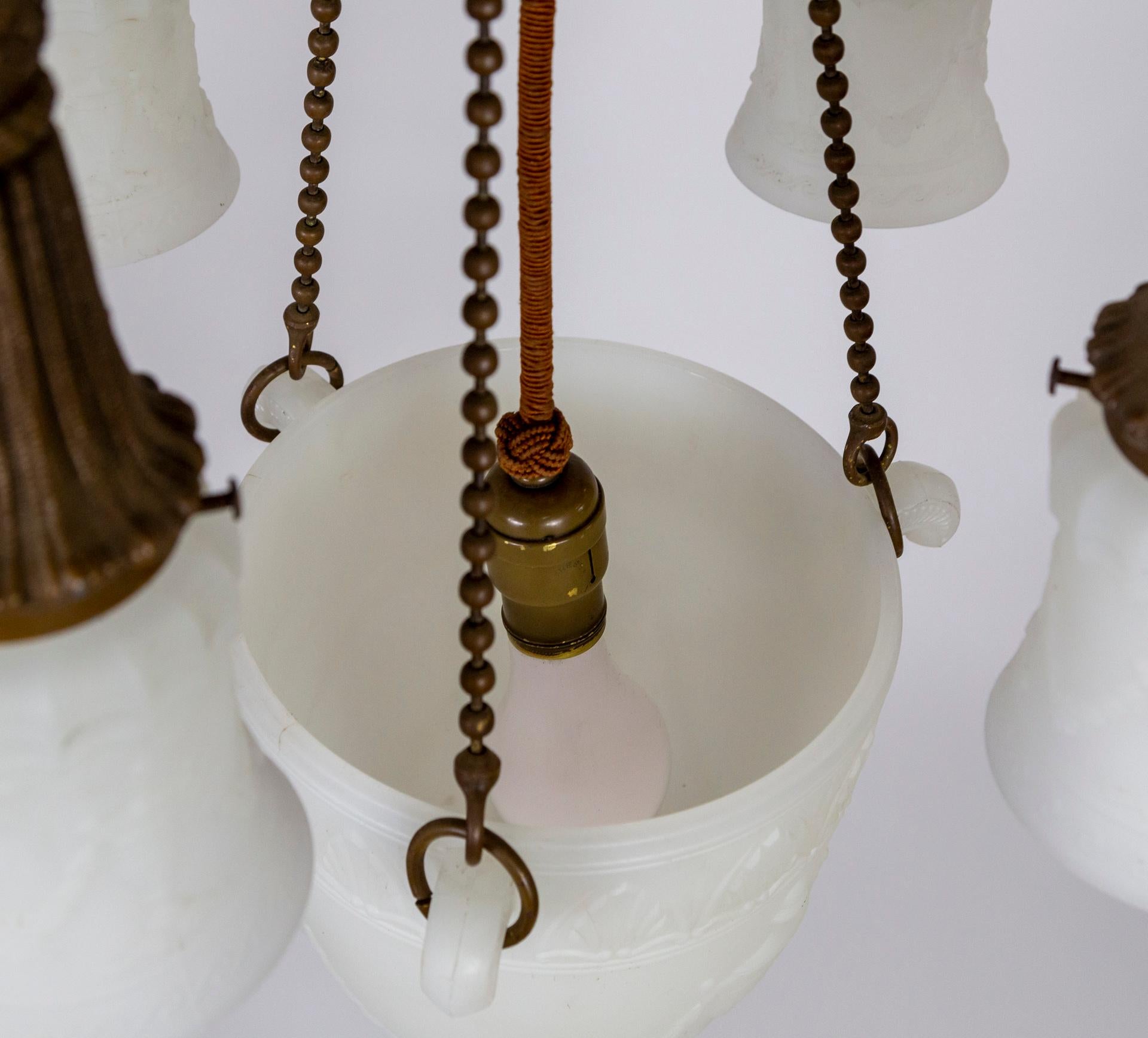 Brass & Milk Glass Pan Style Chandelier w/ Rope & Urn Details For Sale 5