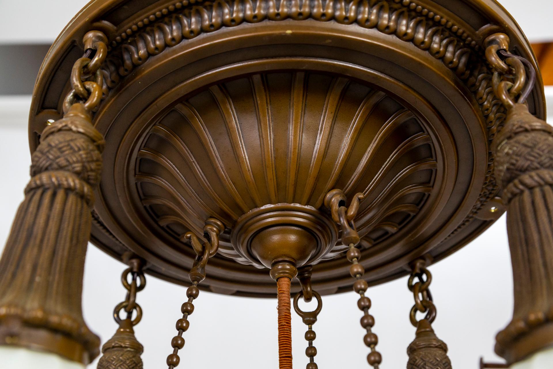 Brass & Milk Glass Pan Style Chandelier w/ Rope & Urn Details In Good Condition For Sale In San Francisco, CA